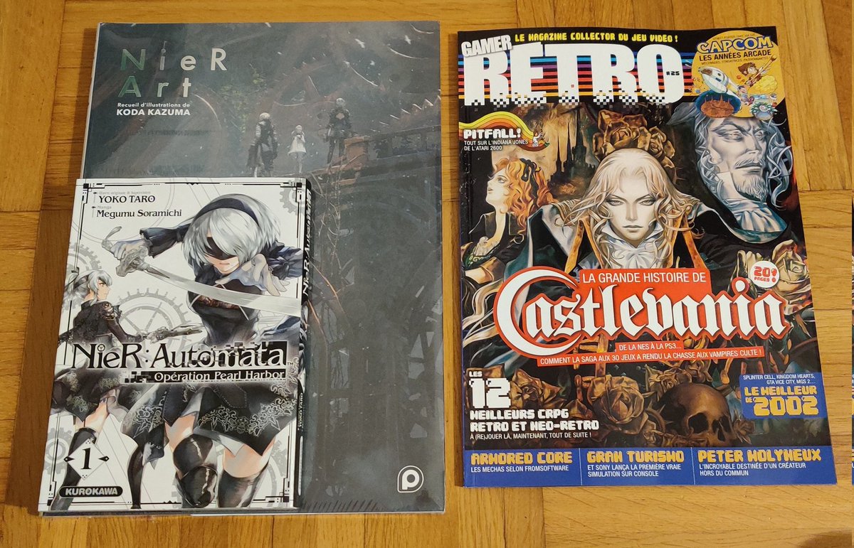 AcksellGHM's tweet photo. De la lecture aujourd'hui avec #NierArt, peu de texte mais beaucoup de jolies choses, #NieRAutomata #OperationPearlHarbor, un manga en seulement 2 tomes que je ne pouvais manquer, et le dernier #GamerRetro, une revue pas spécialement ultra pointue mais rien que pour la couv... 😅 https://t.co/mOu9XS02DP