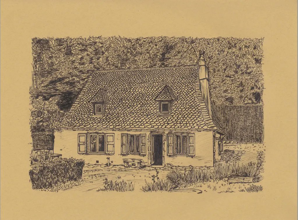 ReadButNotHeard's tweet image. 'Farmhouse', Massif Central, France, 2022.
This drawing is currently on it's way to an unsuspecting recipient. Hope it brings them joy once they open the package.