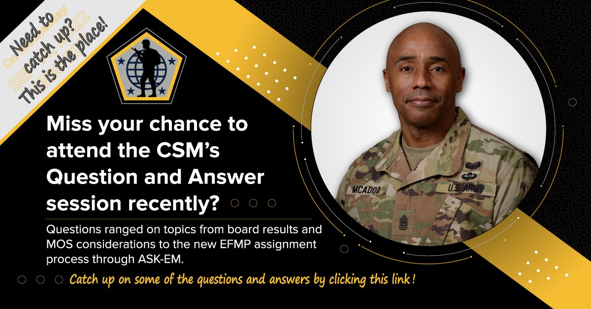 The CSM of #USArmyHRC CSM McAdoo hosted a Q&A session via Facebook  yesterday. Questions ranged from board results & MOS considerations to the new EFMP assignment process. Click the link below to see some of the questions asked and answers given. 
dvidshub.net/news/429422/hr…