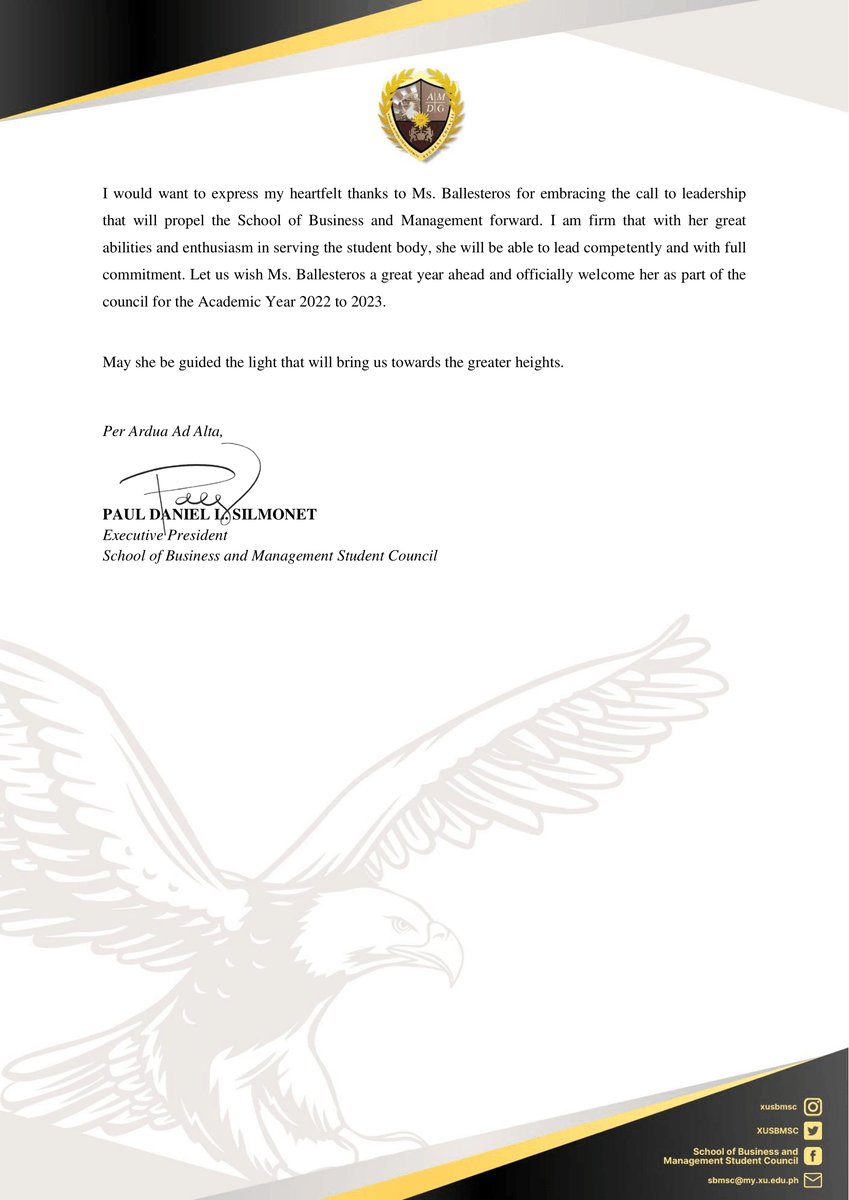 XUSBMSC's tweet photo. [READ]

𝐌𝐞𝐦𝐨𝐫𝐚𝐧𝐝𝐮𝐦 𝟎𝟏𝟏-𝟐𝟐𝟐𝟑
Appointment of the XU-SBMSC 2nd Year Vice Representative

Read more here:
https://t.co/woXjCf4BhE

#XUSBMSC
#KaAgila https://t.co/pn8CYiWUip