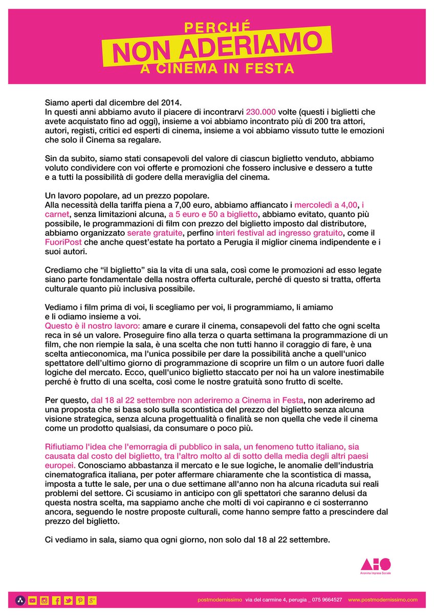 #cinemainfesta ecco perché abbiamo scelto di non aderire