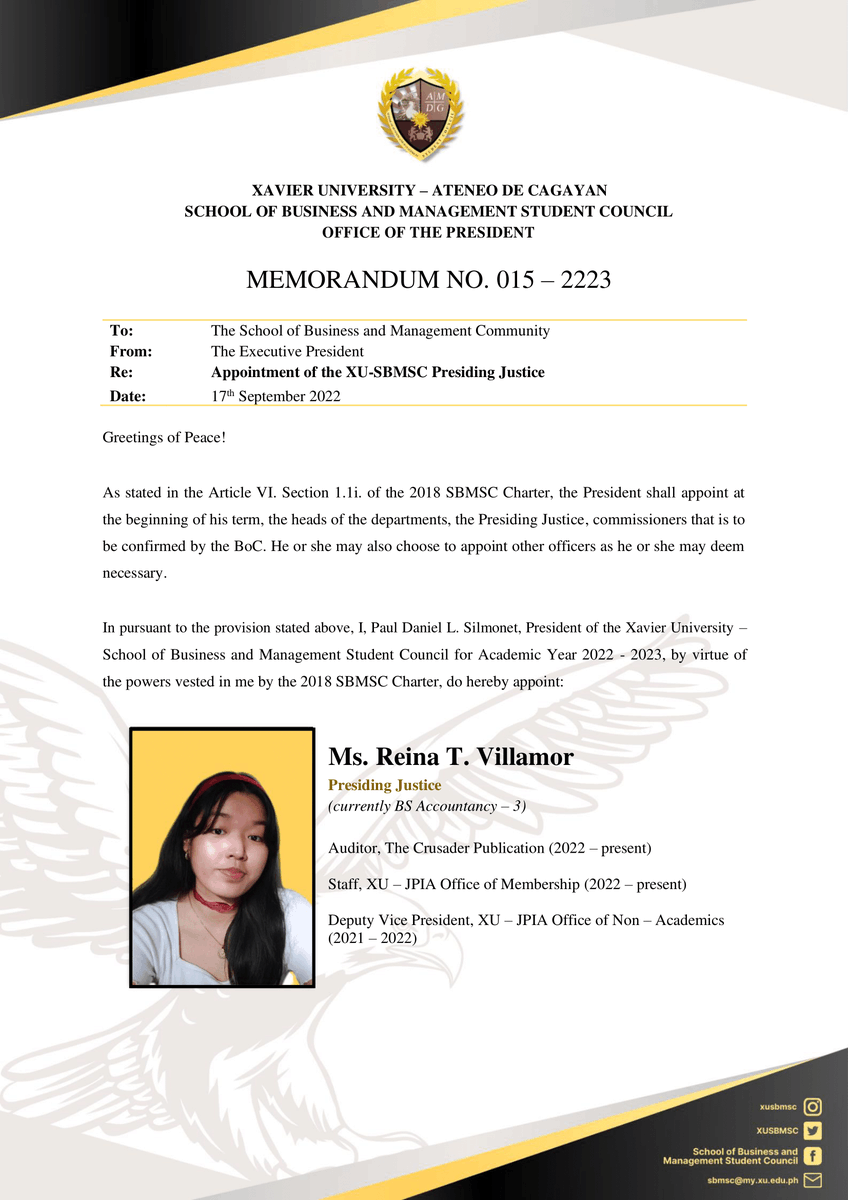 XUSBMSC's tweet photo. [READ]

𝐌𝐞𝐦𝐨𝐫𝐚𝐧𝐝𝐮𝐦 𝟎𝟏𝟓-𝟐𝟐𝟐𝟑
Appointment of the XU-SBMSC Presiding Justice

Read more here:
https://t.co/NkO5gVkbUP

#XUSBMSC
#KaAgila https://t.co/RseJRgQjVM