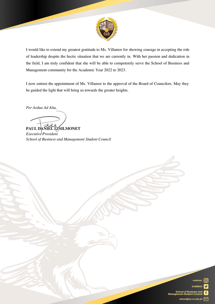 XUSBMSC's tweet photo. [READ]

𝐌𝐞𝐦𝐨𝐫𝐚𝐧𝐝𝐮𝐦 𝟎𝟏𝟓-𝟐𝟐𝟐𝟑
Appointment of the XU-SBMSC Presiding Justice

Read more here:
https://t.co/NkO5gVkbUP

#XUSBMSC
#KaAgila https://t.co/RseJRgQjVM