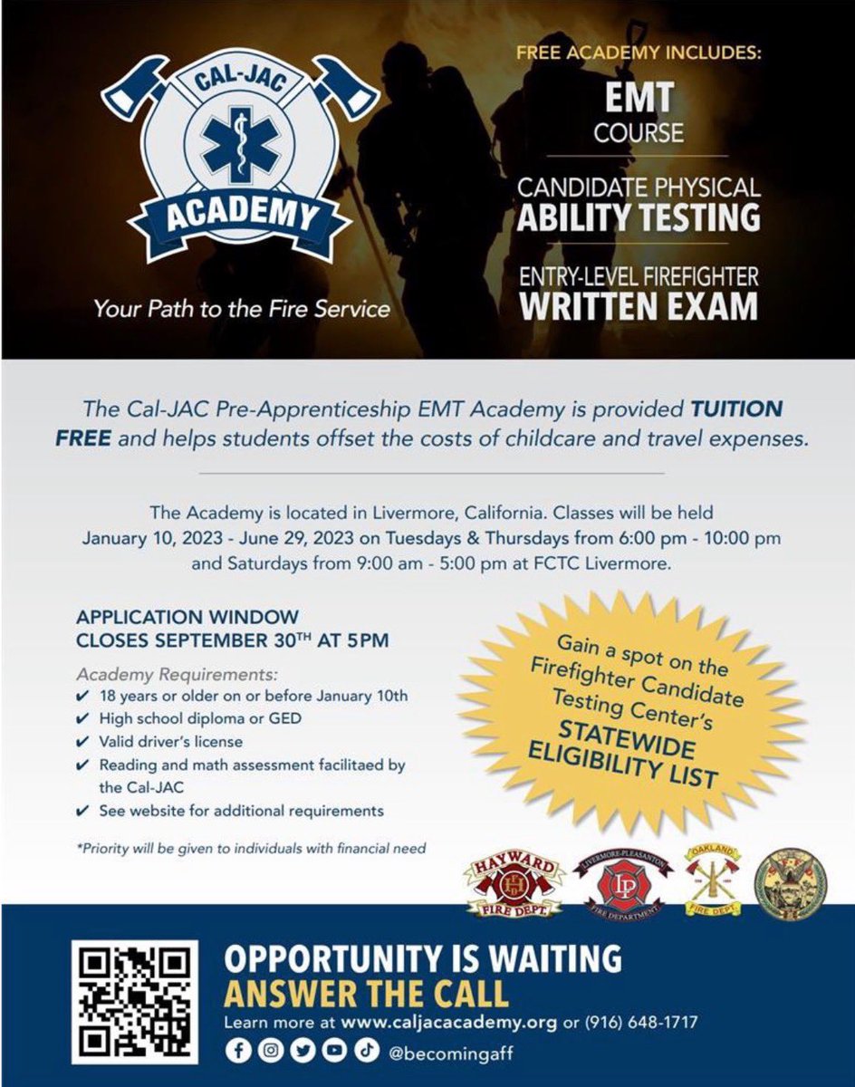 SSFFire's tweet photo. Anyone who has been thinking about becoming a EMT has a great opportunity to complete a tuition- free EMT course.
The #CALJAC Application Window closes September 30th!
For more information please visit: https://t.co/PZQG55hR9F