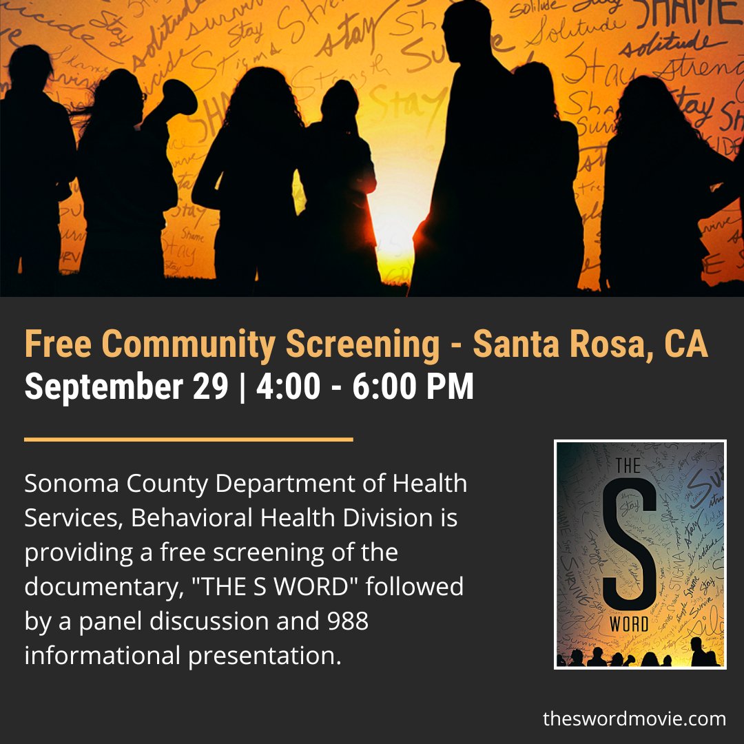 As part of #SuicidePreventionMonth Sonoma County Department of Health Services, Behavioral Health Division is providing a Free screening of THE S WORD.  Register Here: eventbrite.com/e/the-s-word-t…