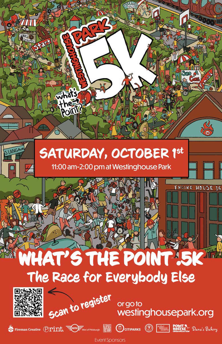 firemancreative's tweet image. The race for everybody else is back! Register for the 546-yard entertainment-filled .5K for all ages, celebrating George Westinghouse's 176th birthday and the park's arboretum designation. whatsthepoint5k.com #whatsthepoint5k #WestinghousePark #Pittsburgh #arboretum #funrun