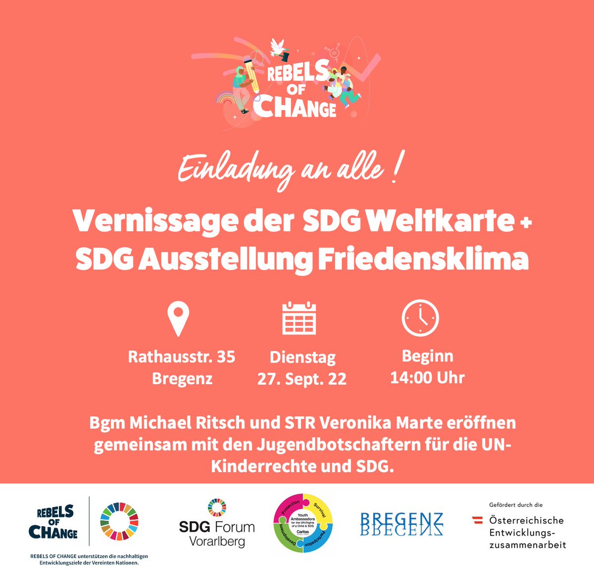 Einladung an alle ! Inspiration für nachhaltiges Leben - Räume für Begegnung und Dialog für einen nachhaltigen Lebensraum - Bregenz setzt dafür klare Zeichen. Wie am 27.Sept um 14 Uhr Fußgängerzone #RebelsOfChange #TeamUpForChange #sdgforum #jugendservice