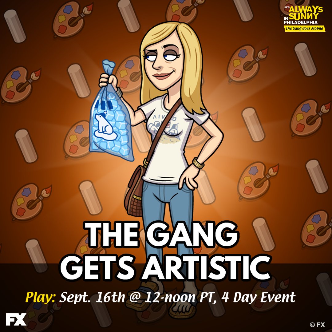 AlwaysSunnyGame's tweet image. What the heck makes stuff art?! Join The Gang in this week's 4-day event as they try to exploit the art world this Friday, Sept 16 at 12-noon PT in "The Gang Gets Artistic!" 🎨