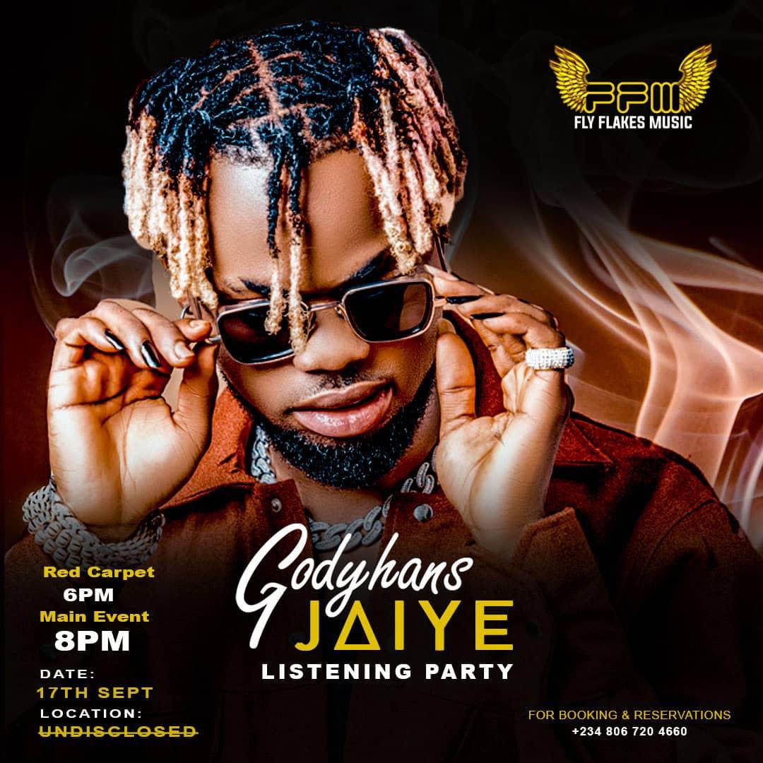 thabluemedia's tweet photo. Outside tomorrow for @Godyhans listening party 🎉 
Vibes on vibes, see flyers for more details 
#JaiyeByGodyhans #JaiyeListeningparty https://t.co/XQGsjb9s24