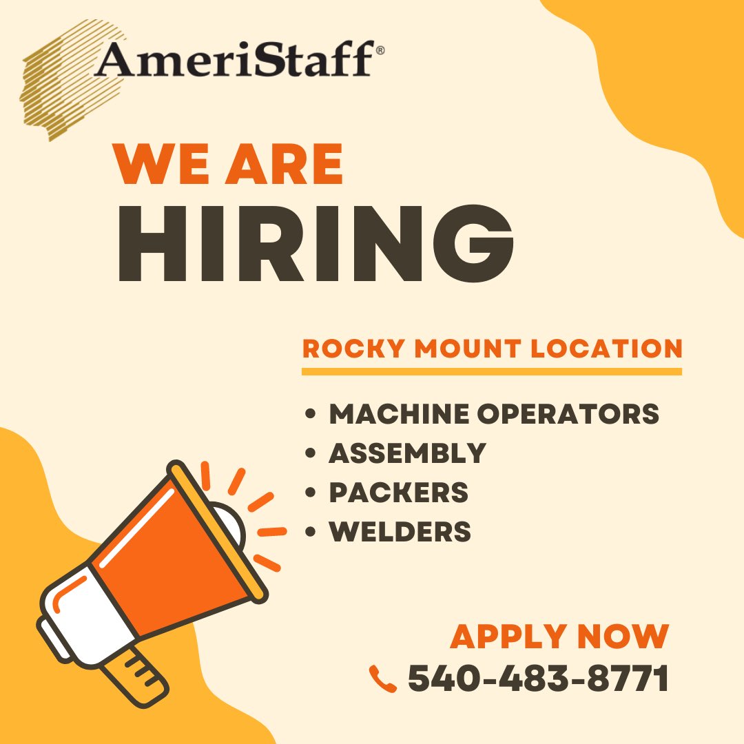 AmeriStaff's tweet photo. Hiring in ROCKY MOUNT! Call us at 540-483-8771 for more information or to #ApplyToday! #nowhiring #jobs #AmeriStaff https://t.co/j07v5IjNRs
