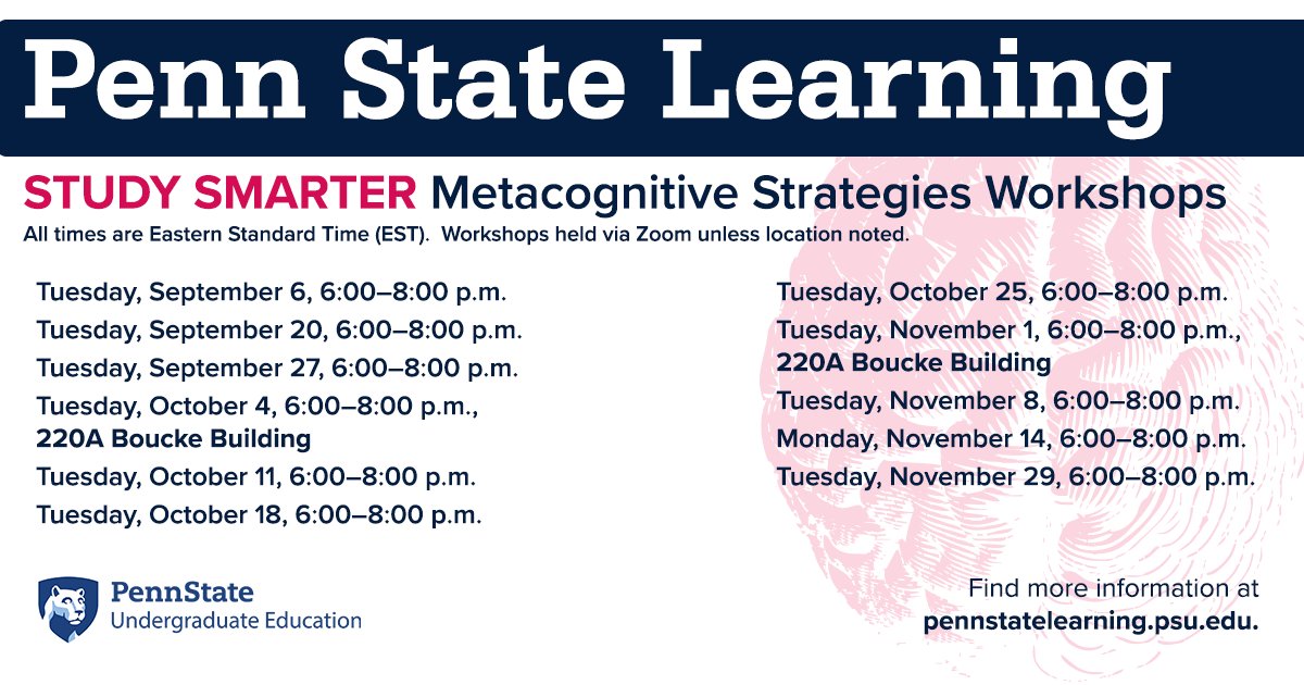 PSU_Undergrad's tweet photo. Penn State Learning will offer Study Smarter Metacognitive Strategies workshops throughout the fall semester. Attend one of the upcoming sessions to learn more effective study skills!

Get the details to join at https://t.co/QzybOC12hT. #PennState #StudySmarter https://t.co/b8kXk2n9vO