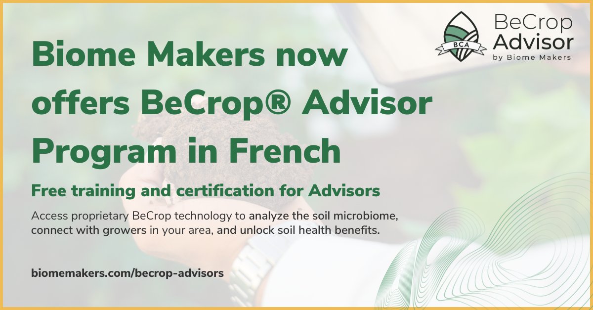 BiomeMakers's tweet photo. Biome Makers created the BeCrop® Advisor Certification Program (BCA), which includes courses on #soilhealth and biology, #soilanalytics, and BeCrop® technology. The BCA program is now available in English, Spanish, and French.
https://t.co/Q1Li9J4UYi https://t.co/7zFFvKJqbl