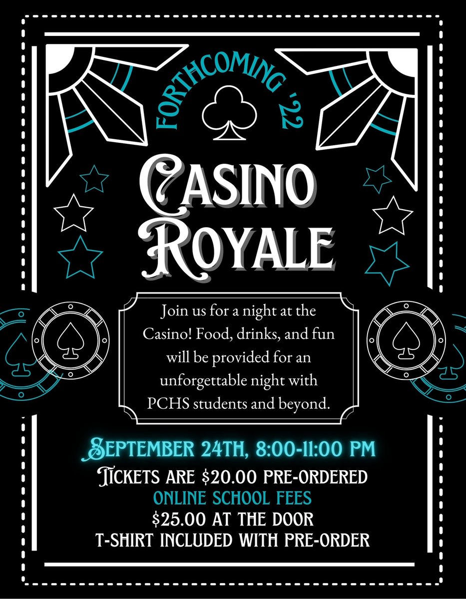 PCHSFrisco's tweet photo. Attention, Panthers! Forthcoming is right around the corner. Tickets are available for purchase through Online School Fees, and an exclusive PC Casino Royale T-shirt will be included with the first 250 pre-ordered tickets. Don’t miss out! #pcfoco https://t.co/vKMt3pDG0T