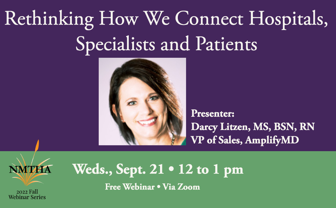 Meet our speaker: Darcy Litzen has 30 years of experience in healthcare. She is currently VP of Sales for AmplifyMD.

Find out more about Darcy and register: eventbrite.com/e/amplifymd-re…

#NMTHA #telemedicine #healthcareinnovation