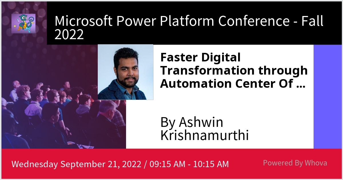 ashwinkrishMSFT's tweet photo. I am speaking at Microsoft Power Platform Conference - Fall 2022. Please check out my talk if you're attending the event! #MPPC22 #PowerApps #PowerVirtualAgents #PowerPages #PowerAutomate #PowerBI #MicrosoftPowerPlatform #Dynamics #Dataverse - via #Whova event app https://t.co/LXELHW3BrM