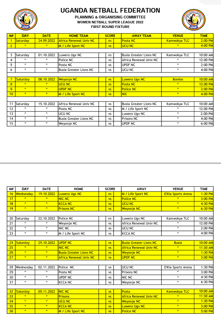 DNyeko's tweet photo. The first round of the Uganda Netball Super League fixtures. @netball_super will commence on Saturday 24th September,2022 with Africa Renewal Univ Netball Club ποΈ Posta Netball Club.
#UNSL #SupportNetball #ChampioningUgandanSport https://t.co/gFDF0EnK8Q