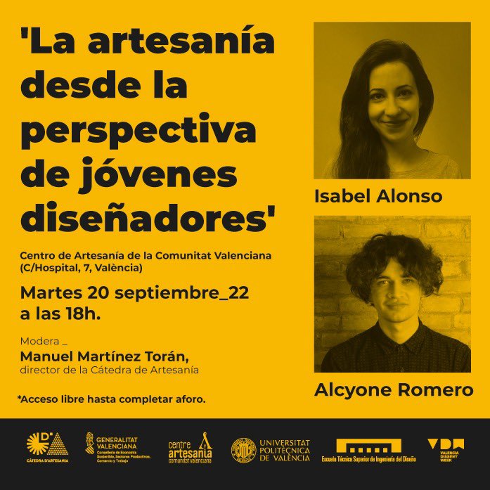 El martes os veo en el <a href="/GVAartesania/">Centre Artesania CV</a> para hablar de artesanía con Isabel Alonso y <a href="/alcyoneromero/">Alcyone Romero</a>. Ambos estudiaron en la <a href="/ETSID/">ETSI GOLO komi desiré</a> y trabajaron con artesanos. Isabel tiene una trayectoria muy internacional y Alcyone, asociado <a href="/ADCV_com/">ADCV</a>, ha diseñado la gráfica de la expo del Centro