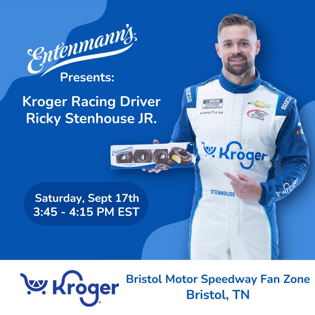 Don't miss your chance to meet @stenhousejr at Bristol Motor Speedway this weekend, presented by #Entenmanns!

Stop by the @BMSupdates Fan Zone on Saturday, 9/17, from 3:45-4:15 PM EST for autographs and more. We hope to see you there! 🍩🏁