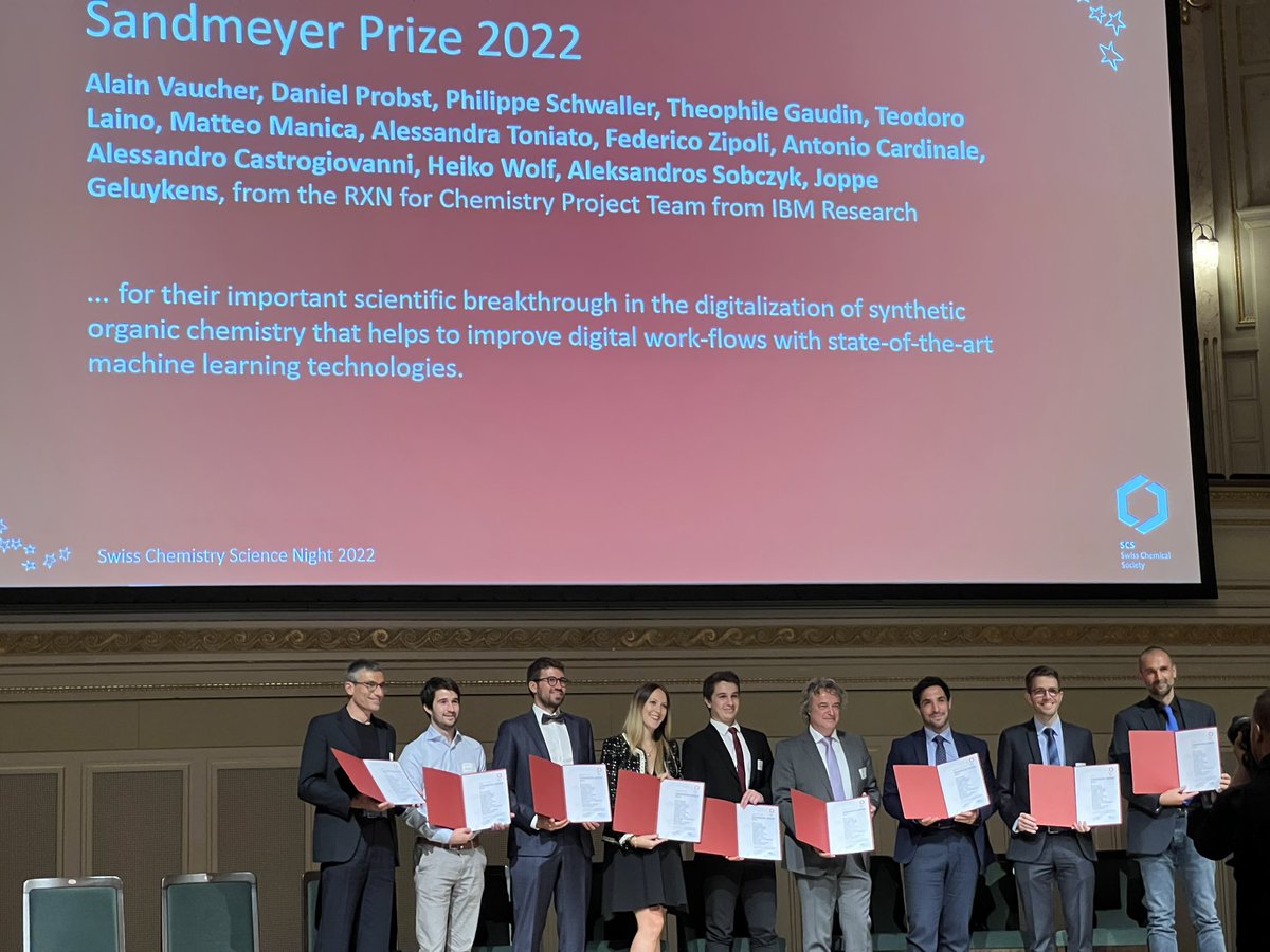 Karl Gademann (@karlgademann) on Twitter photo And congrats to the <a href="/IBMResearch/">IBM Research</a> team for winning the Sandmeyer prize <a href="/SwissChemistry/">Swiss Chemical Society</a> <a href="/pschwllr/">Philippe Schwaller (he/him)</a> <a href="/teodorolaino/">Teodoro Laino</a> <a href="/acvaucher/">Alain Vaucher</a> <a href="/skepteis/">Daniel Probst @skepteis@skepteis.social</a> and colleagues. You rock! <a href="/ForRxn/">RXN for Chemistry</a> And congrats to the <a href="/IBMResearch/">IBM Research</a> team for winning the Sandmeyer prize <a href="/SwissChemistry/">Swiss Chemical Society</a> <a href="/pschwllr/">Philippe Schwaller (he/him)</a> <a href="/teodorolaino/">Teodoro Laino</a> <a href="/acvaucher/">Alain Vaucher</a> <a href="/skepteis/">Daniel Probst @skepteis@skepteis.social</a> and colleagues. You rock! <a href="/ForRxn/">RXN for Chemistry</a>