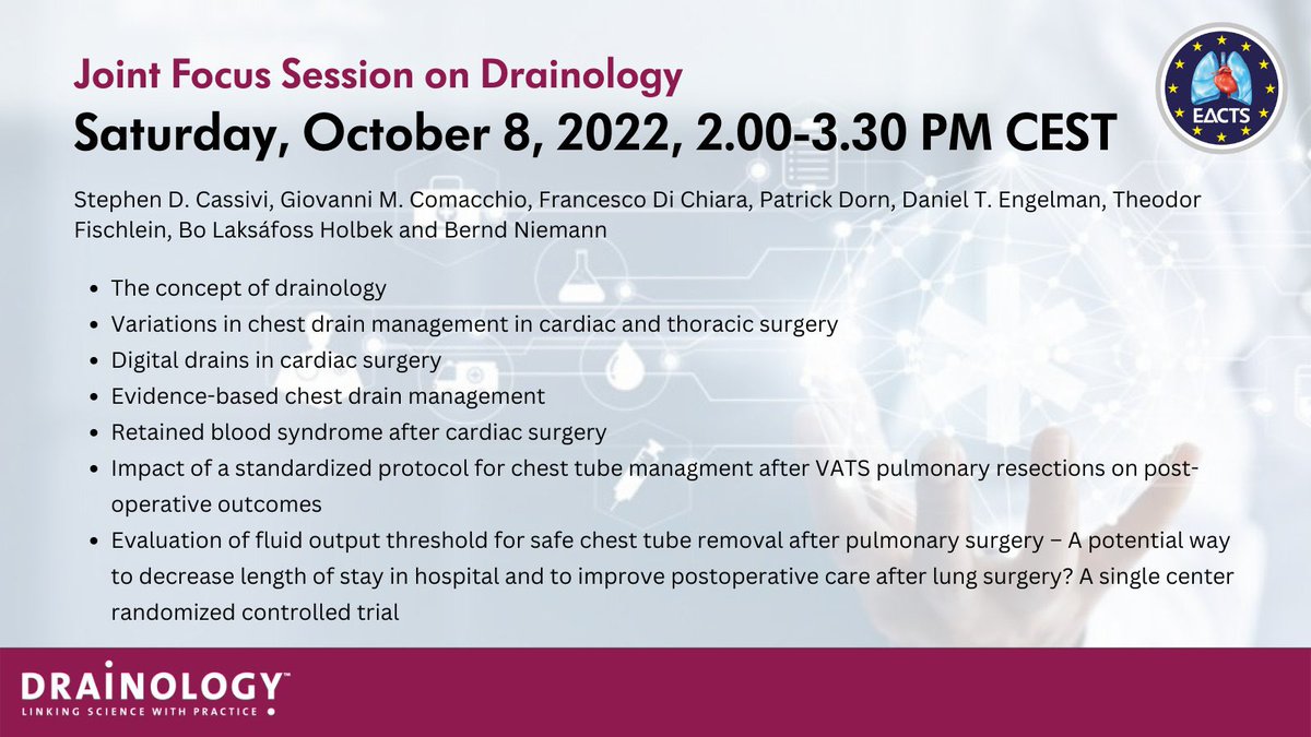 Drainology (@drainology1) on Twitter photo ⏰Countdown to #EACTS2022 is on!⏰Don't miss the focus session on #drainology chaired by Francesco Di Chiara with <a href="/StephenCassivi/">Stephen Cassivi, MD FRCSC FACS FRCS</a> <a href="/danengelmanmd/">Daniel Engelman</a> <a href="/BoLaksafoss/">Bo Laksáfoss Holbek</a> and other experts elaborating ways to enhance quality & safety of care of #ctsurgery patients. ⏰Countdown to #EACTS2022 is on!⏰Don't miss the focus session on #drainology chaired by Francesco Di Chiara with <a href="/StephenCassivi/">Stephen Cassivi, MD FRCSC FACS FRCS</a> <a href="/danengelmanmd/">Daniel Engelman</a> <a href="/BoLaksafoss/">Bo Laksáfoss Holbek</a> and other experts elaborating ways to enhance quality & safety of care of #ctsurgery patients.