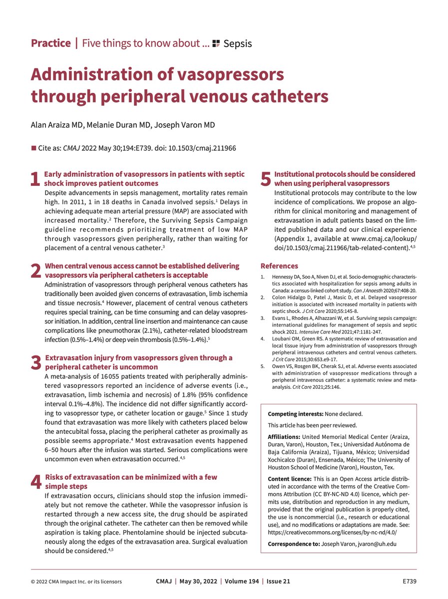 Great 5-point summary from @CMAJ about the safety of pressors through peripheral IVs. #sepsis cmaj.ca/content/194/21…