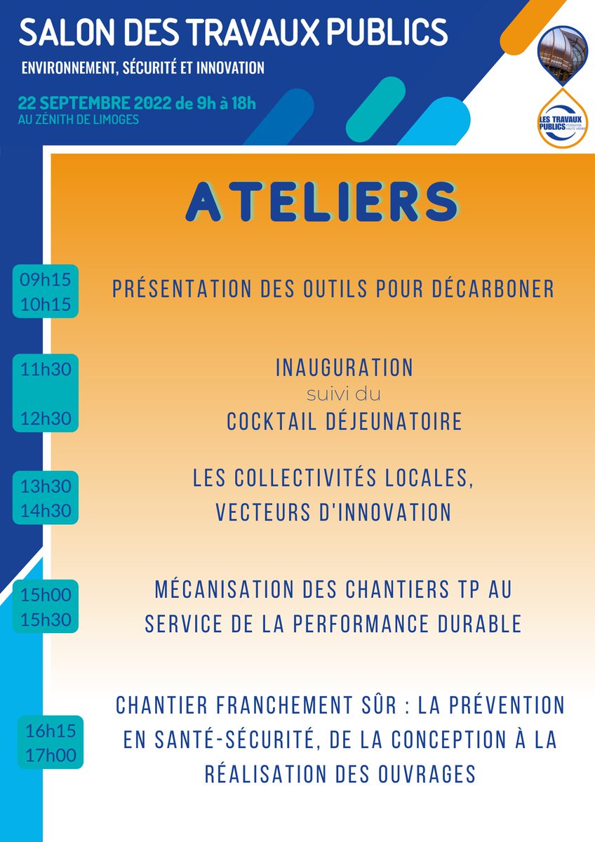 📣 ATELIERS 📣 

📍 Salon des Travaux Publics : 22 septembre au Zenith de Limoges 

Durant la journée, vous pourrez participer aux ateliers qui vous sont proposés par nos intervenants à découvrir en suivant ce lien : frtpna.fr/salon . Inscription sur le même lien ;)