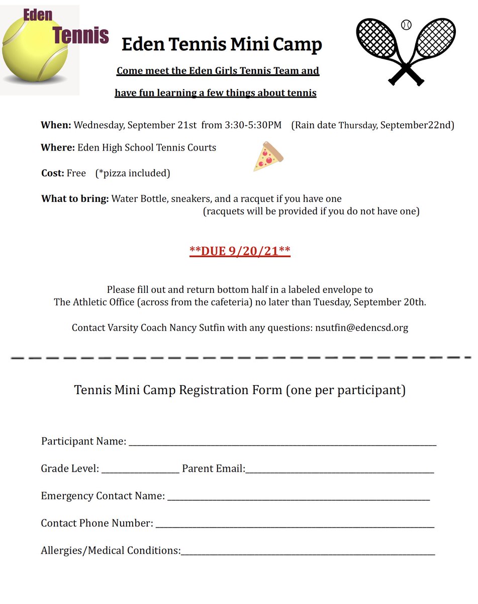 EdencsdRaiders's tweet photo. 🚨 Attention all @EdencsdRaiders  6th, 7th, and 8th graders.  Are you interested in learning tennis? Please come to the Eden Tennis Mini Camp on September 21 from 3:30-5:30 PM. If you have any questions please contact Coach Sutfin.
@EdenASBC @EdenCSD https://t.co/oRNsugEGcE