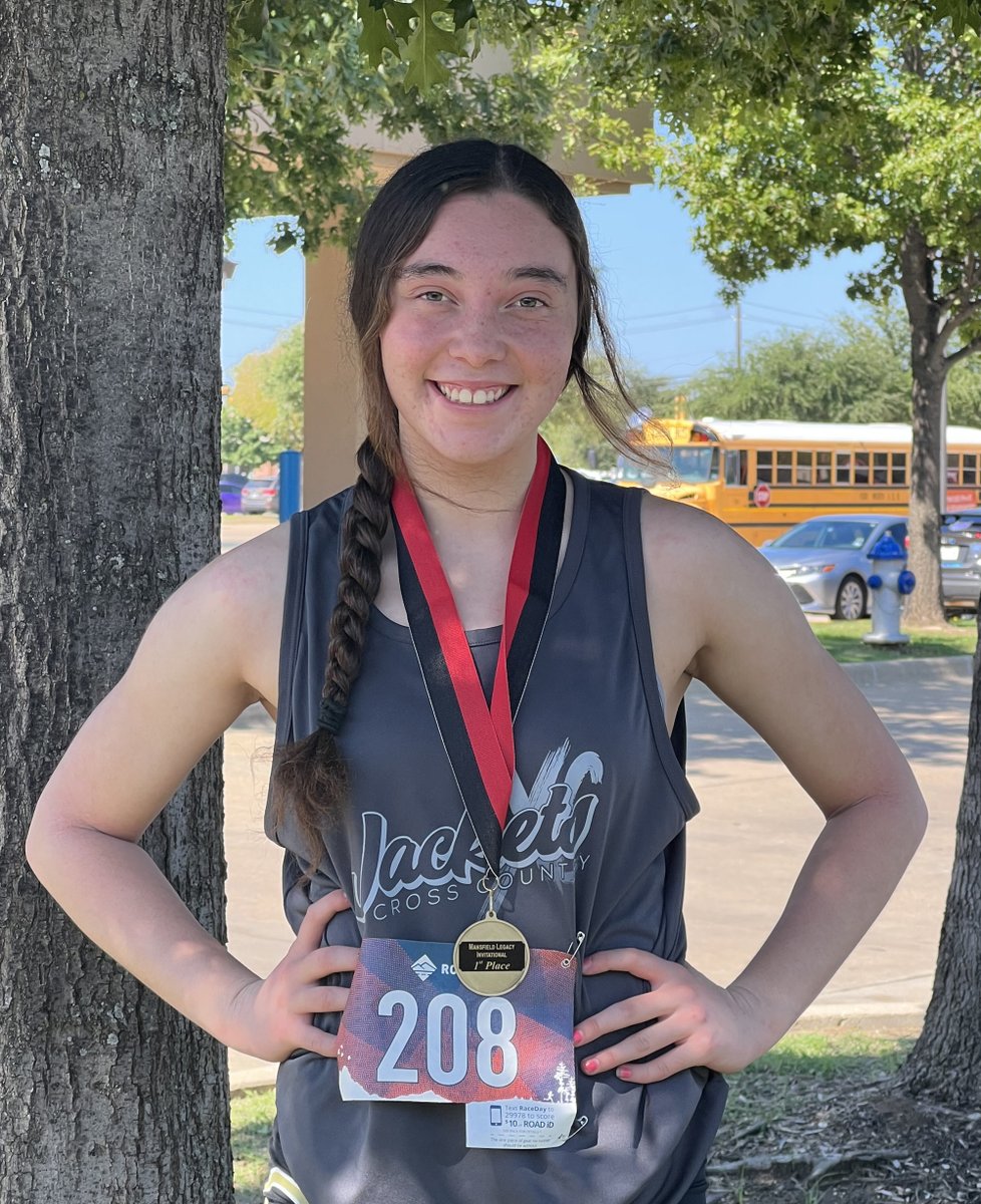 CleburneISD's tweet photo. Congratulations to Alexis Stanton who took the gold medal for Lady Jackets JV at this morning's Cross Country meet in Mansfield! This was her first meet of the season--she also competes for the black and gold in volleyball! https://t.co/aJTucno5P9