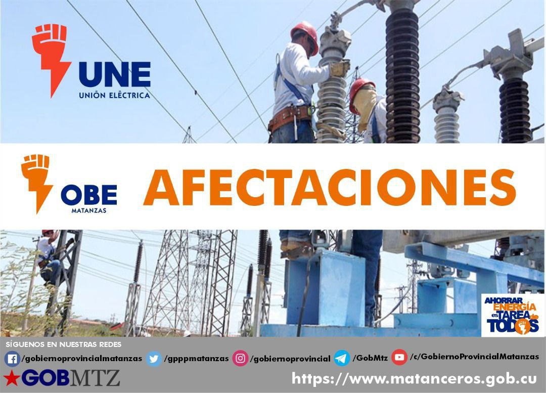 👉Tenemos en la provincia afectados las subestaciones de Bolondrón, Jovellanos y Jagüey Grande por disparo de voltaje, informó la cuanta de Telegram de la Empresa Eléctrica en Matanzas.
#Matanzas #GobMtz #MatancerosEnVictoria