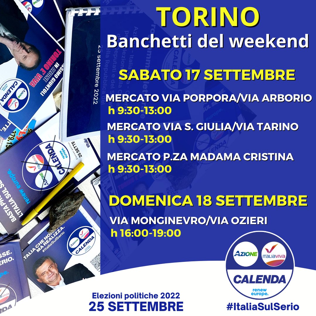 italiavivaTO's tweet photo. 🟨🔷️ TORINO - APPUNTAMENTI DEL WEEKEND CON #BANCHETTI ELETTORALI
SABATO 17 h 9:30-13:00
🔹️ Mercato Via Porpora
🔹️ Mercato Via S. Giulia
🔹️ Mercato https://t.co/4MAykShNZD M. Cristina
DOMENICA 18 h 16:00-19:00
🔹️ Via Monginevro/Via Ozieri
Ti aspettiamo!
#ItaliaSulSerio https://t.co/jxR802C7pp