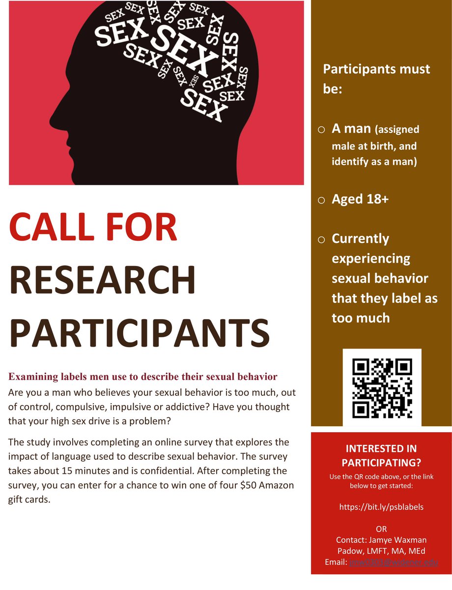 I’m in the research phase of completing my PhD on examining the labels men use to describe their (problematic) sexual behavior. If u meet criteria, please consider taking the survey! &amp; enter to win 1 of 4 $50 Amazon gift cards. bit.ly/psblabels. Pass it on! <a href="/drbrookewells/">Brooke Wells</a>