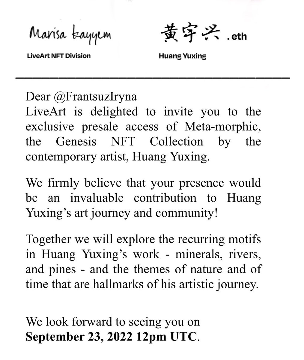 We are invited to exclusive presale of Huang Yuxing’s NFT collection😍

His IRL works ranged in price from $20,000 to around $100,000. 

Excited to welcome <a href="/LiveArtX/">LiveArt</a>  and #HuangYuXing into WEB3 world😍🙌