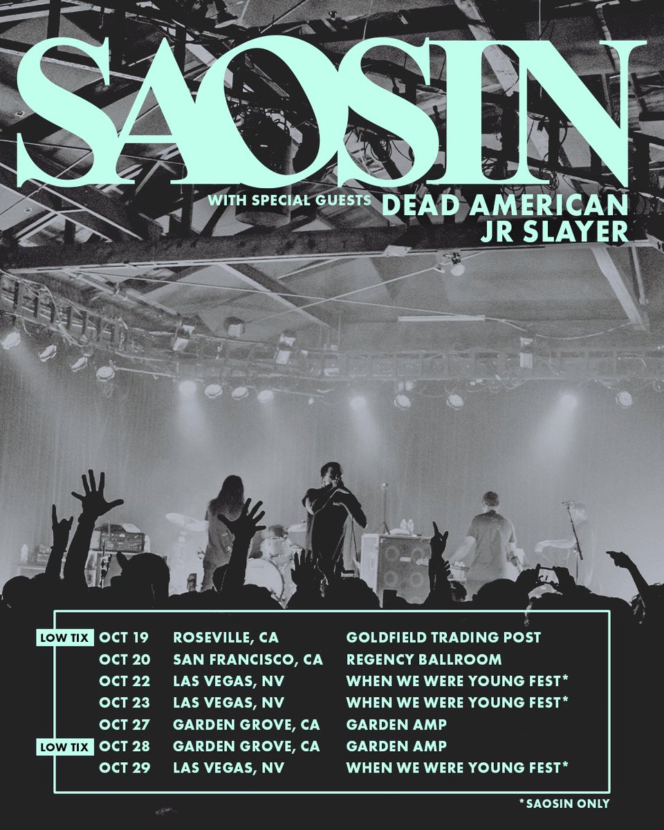 Tickets are getting low in Roseville and Garden Grove on October 28th. We’ll see you next month! saosin.com