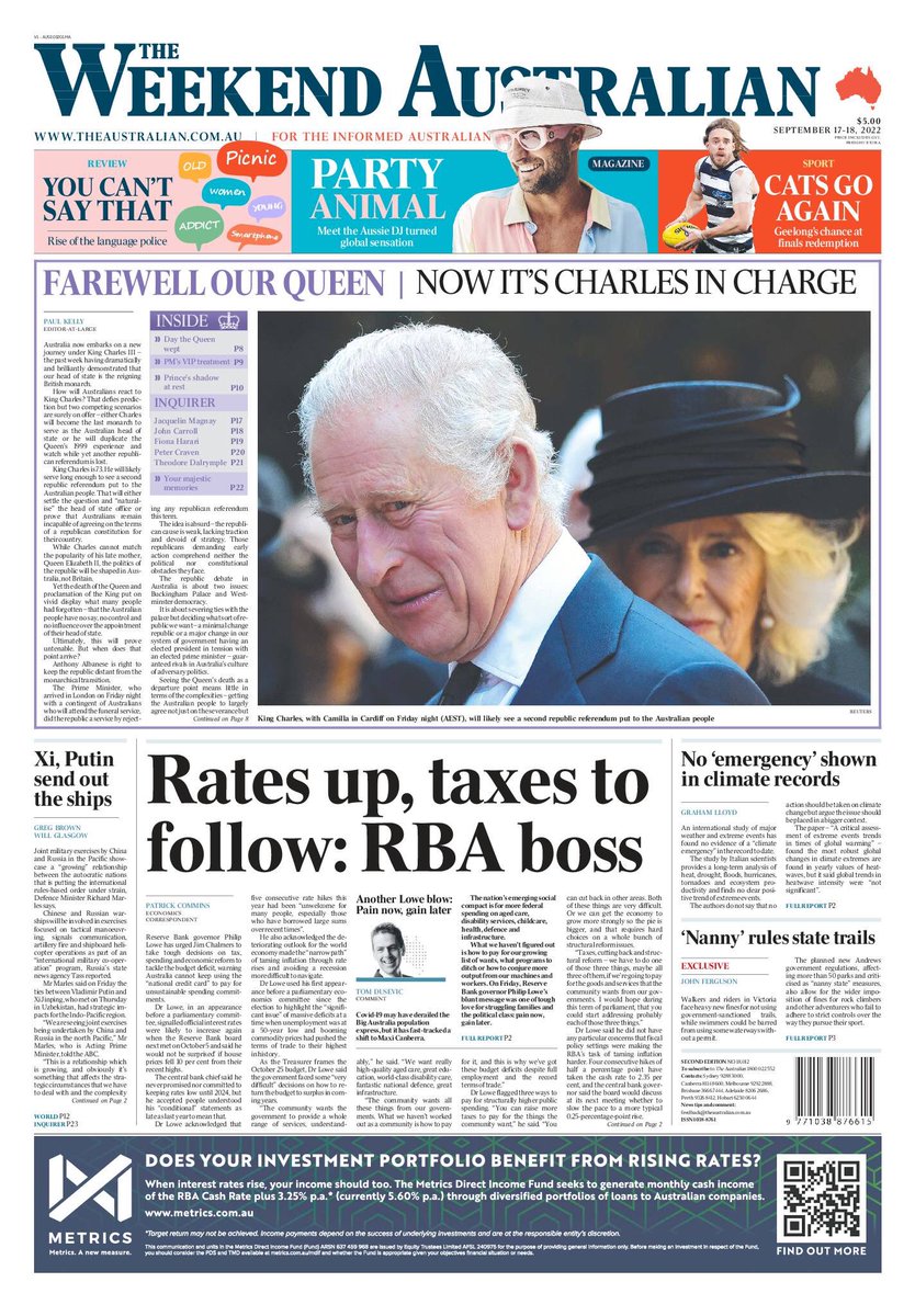 The Australian front page:

RATES UP, TAXES TO FOLLOW: RBA BOSS

Reserve Bank governor Philip Lowe has urged Jim Chalmers to take tough decisions on tax, spending and economic reform to tackle the budget deficit.
