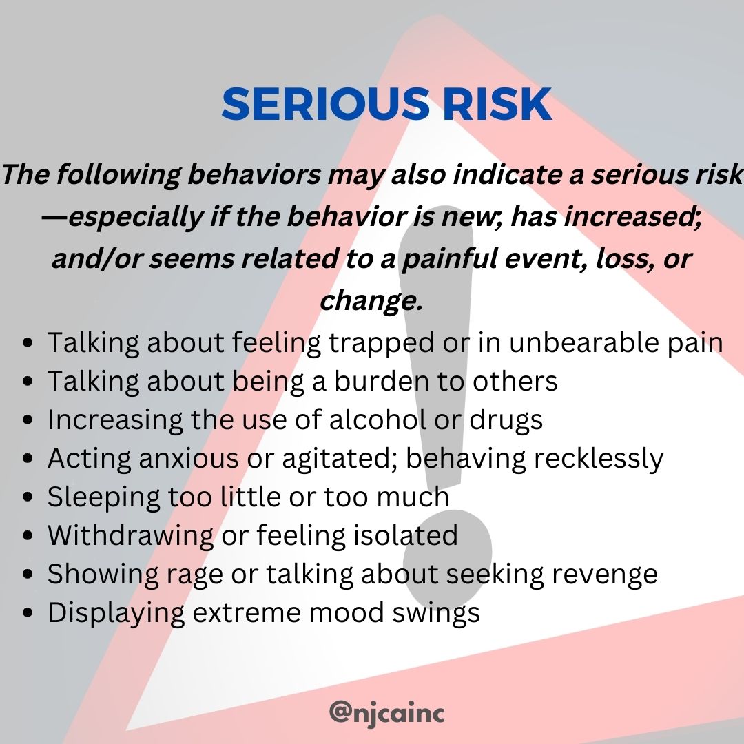 njcainc's tweet photo. Suicide is complicated and tragic, but it is often preventable. Knowing the warning signs for suicide and how to get help can help save lives. Learn about behaviors that may be a sign that someone is thinking about suicide. 

#suicidepreventionomonth https://t.co/z2AWwqKolT
