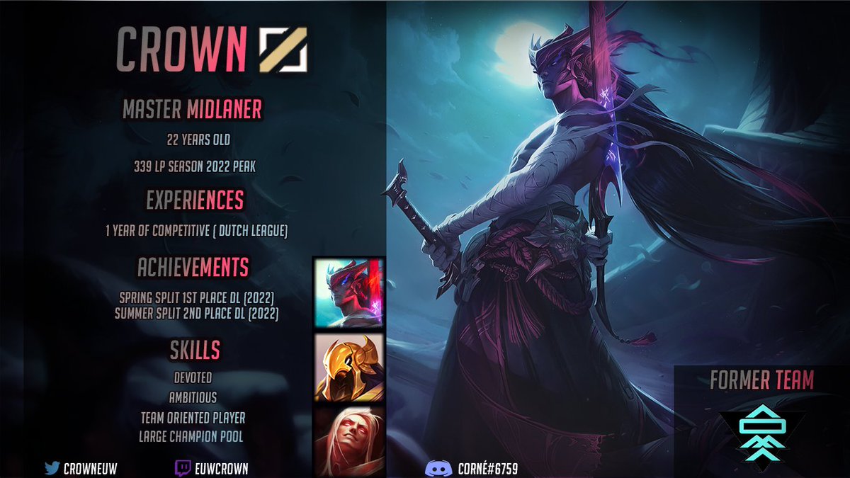 CrownEuw's tweet image. After my first 2 splits, as midlaner for AOMA Esports, I am now LFT. 
I'm open to all offers, though mostly exploring Prime League, ESLOL and NLC.

Peak is outdated
Likes and RT's very appreciated &amp;lt;3