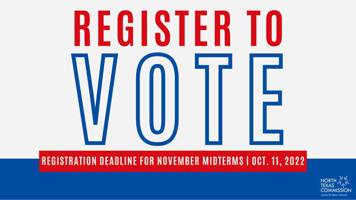 NTxCommission's tweet photo. Are you registered to vote? On November 8th, Texans will head to the polls and vote on 7 statewide seats. Make sure your voice is heard, and register to vote today. Get started now → https://t.co/rDOaXH7aiF.
#vote #RegisterToVote #VoteTexas #VoteNTX https://t.co/4AFGpjSzWt