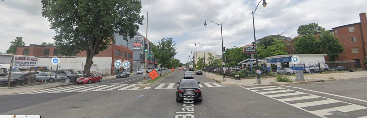 Then and now: 1) Undated photo, presumably from 1940s, looking north on Bladensburg Road where it intersects Oates St. (left) and K St. (right) 2) June 2022 Google Street View cc @FrozenTropics @IMGoph