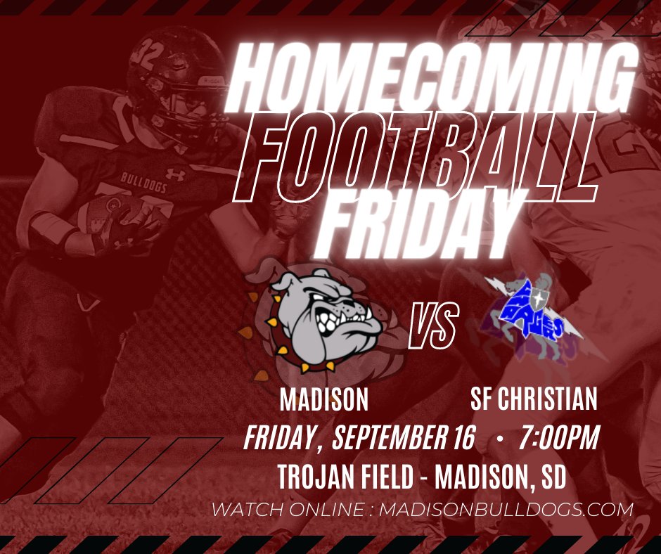 Come cheer on your Madison Bulldogs at the Homecoming Football game against Sioux Falls Christian tonight!
🏈 : Kickoff at 7:00pm!
💻 : Watch Online: madisonbulldogs.com
GO BULLDOGS! 🐾