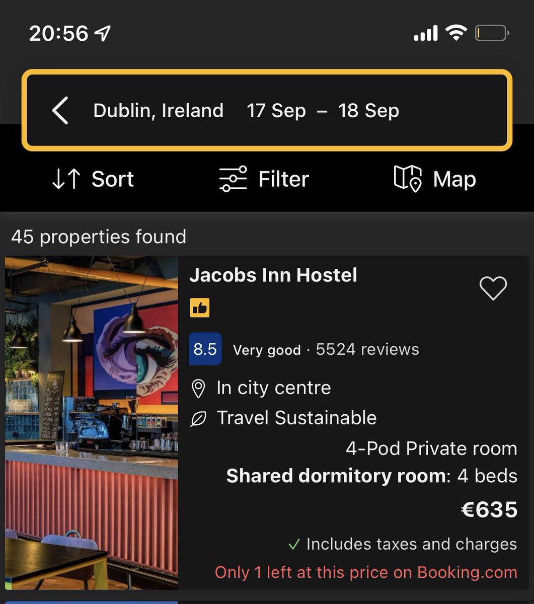 JordanOreillyxx's tweet photo. Looked up hotels in Dublin for tomorrow night just out of curiosity to see if anything was available, and the 1st thing that came up was a bed in a shared room for €635 for one night, 2 people. Grand x https://t.co/J6ofiK5s37