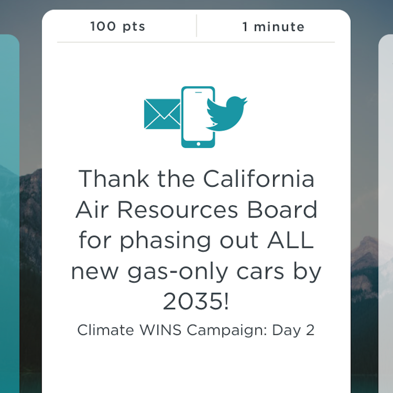 MyClimateApp's tweet photo. ACTION OF THE DAY: Thank the California Air Resources Board for phasing out ALL new gas-only cars by 2035!

Download the Climate Action Now app to take this action and thousands of others!
