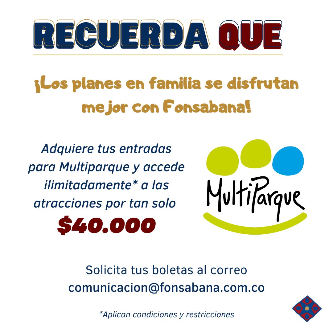 Fonsabana's tweet photo. ¡¡¡Los planes en familia se disfrutan mejor con Fonsabana!!!
Adquiere tus entradas para multiparque y pasa el mejor #findesemenaenfamilia
Precio de venta: $40.000
Solicítalas al correo comunicacion@fonsabana.com.co
#Fonsabana #Bienestar #Parque #Multiparque https://t.co/qUx1tyucsc