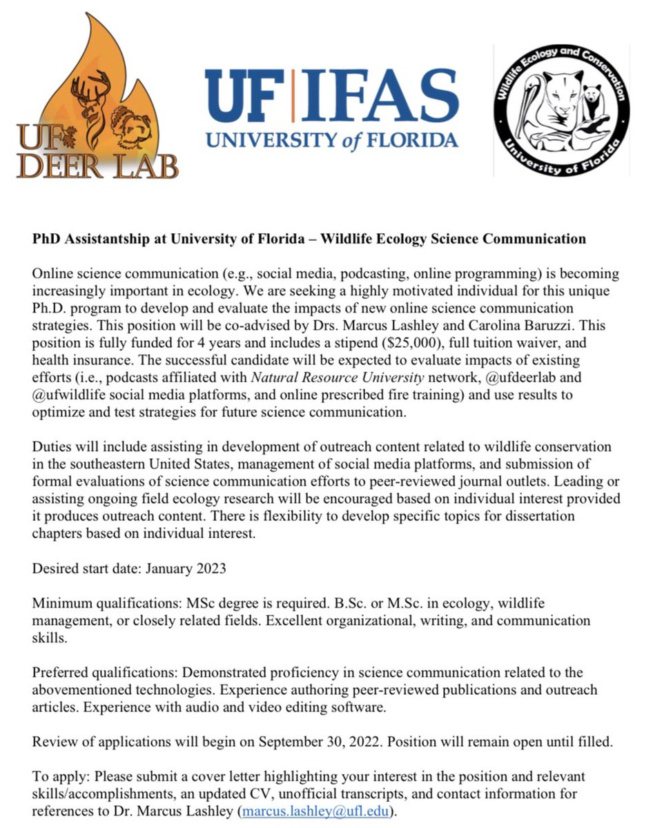 Please retweet! 

Are you passionate about #SciComm?  We are looking for someone to fill this unique PhD assistantship focused on optimizing outreach strategies in #ecology. @OaksandGoats will coadvise in @UFDEERLab @UFWildlife @AcademicChatter @OpenAcademics @ScicommJobs