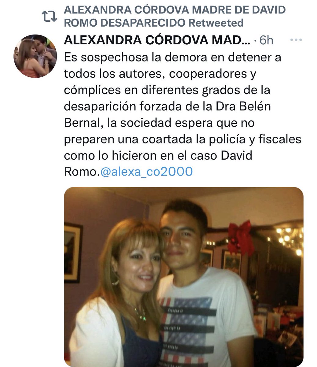 Marialcivar87's tweet photo. @Meluzambrano Ej: En el presente lo ocurrido con #MariaBernal, también ocurrió en el país del pasado (2013). #DavidRomo +d 9 años desaparecido a manos de la PN y el Estado Ecuatoriano hasta hoy no responde. Es un tema de Derechos Humanos, no político. Mi solidaridad con su madre @alexa_co2000 https://t.co/XZ0XopnNCd
