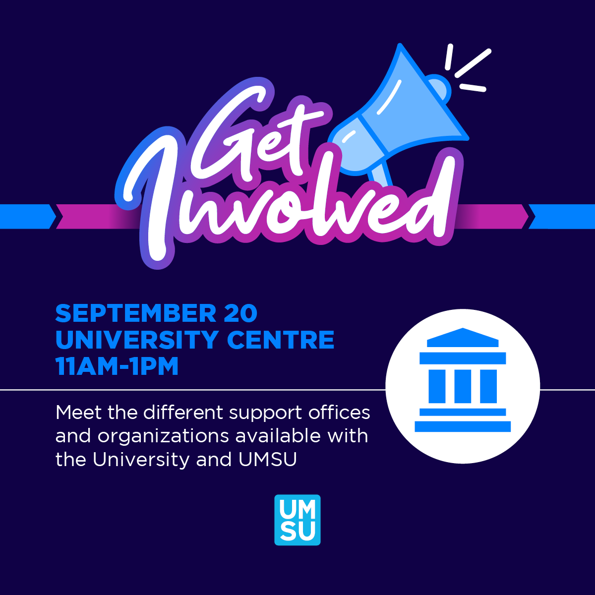 MyUMSU's tweet photo. Looking to get involved with UMSU? 🤔

Join us throughout the week in University Centre to learn more about the different clubs, associations, and organizations you can join! Swipe through this post to see the different programming going on throughout the week!

#MyUMSU https://t.co/x69hR2H48x
