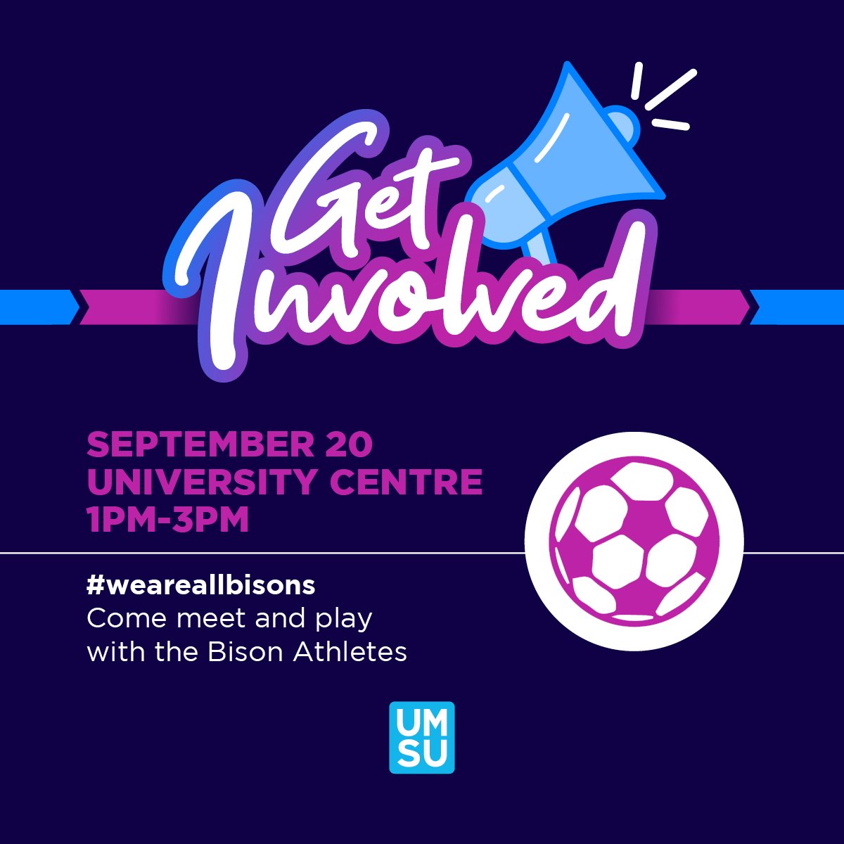 MyUMSU's tweet photo. Looking to get involved with UMSU? 🤔

Join us throughout the week in University Centre to learn more about the different clubs, associations, and organizations you can join! Swipe through this post to see the different programming going on throughout the week!

#MyUMSU https://t.co/x69hR2H48x