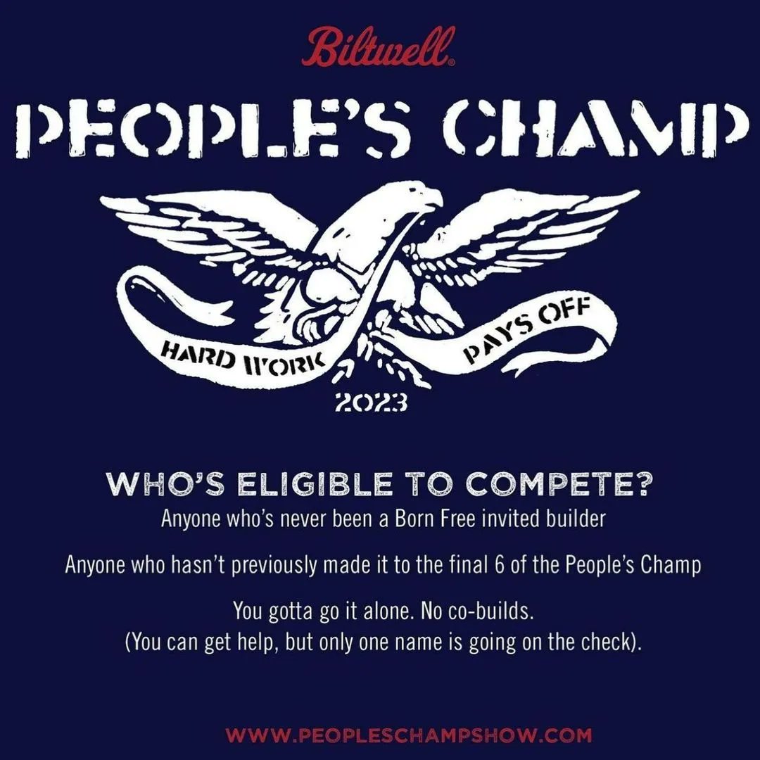 chopcult's tweet photo. The 2023 @Biltwell People's Champ Motorcycle Building Competition is open! Slide left to read their rules and go to https://t.co/OME6vyVWOR to enter. Best of luck, we are rooting for YOU! #chopcult #biltwell #bf14 #bornfreeshow #cookscorner #biltwellpeopleschamp #ccsponsoredevent https://t.co/SswhofxUr3