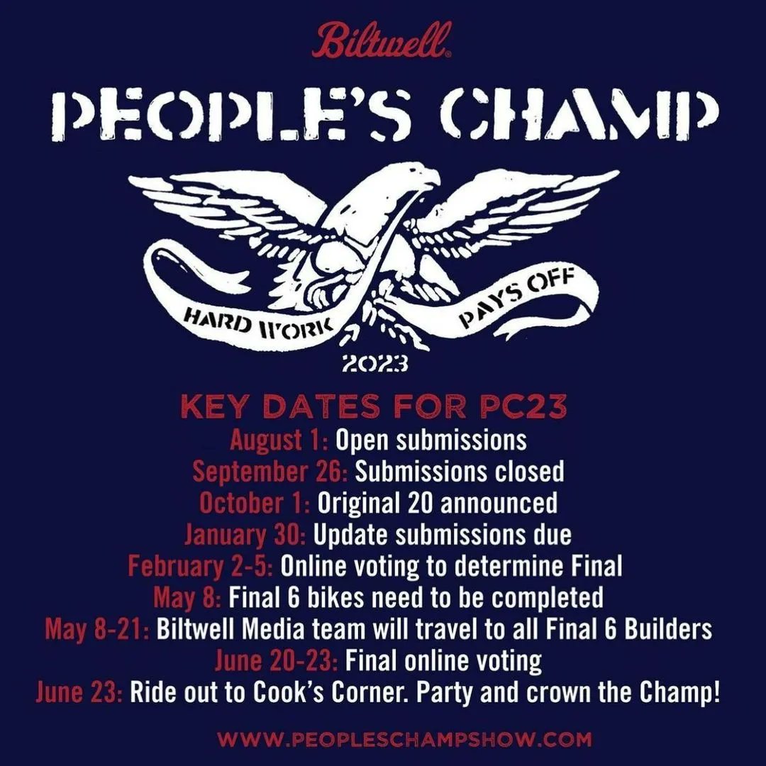 chopcult's tweet photo. The 2023 @Biltwell People's Champ Motorcycle Building Competition is open! Slide left to read their rules and go to https://t.co/OME6vyVWOR to enter. Best of luck, we are rooting for YOU! #chopcult #biltwell #bf14 #bornfreeshow #cookscorner #biltwellpeopleschamp #ccsponsoredevent https://t.co/SswhofxUr3