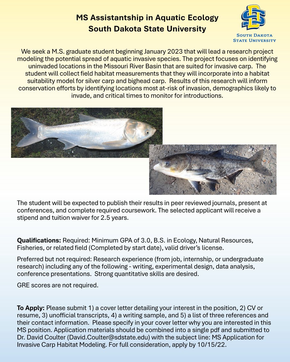 SDSUFishEcology's tweet photo. Open MS position for someone interested in habitat suitability, bioenergetics, and invasion ecology! @SDStateNRM #Fish #Fishsci #gradschool #gradposition https://t.co/EfZPNFuYSj