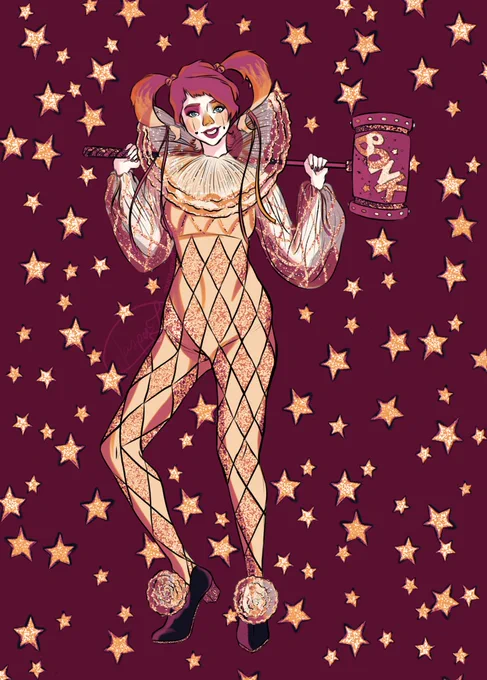 Bubblegum Harley says trans rightsI also quickly made this Golden Harley edit with gradient maps cause I love Mardi Gras clown dolls so much 